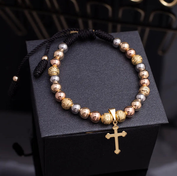 Pulsera De Caballero de Terlenca Negra De Balines Tres Oros y Diamantados de 5mm Y Dije De Cruz