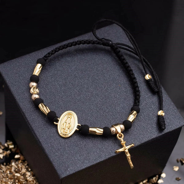 Pulsera de Caballero De Tejido Macramé Con Balines y Neoprenos De 4mm, Dije De Cruz Y Herraje De La Virgen Milagrosa