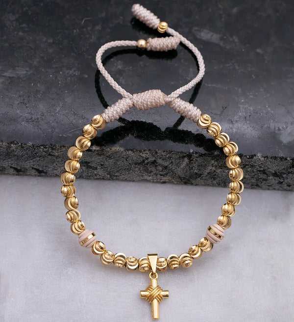 Pulsera Italiana De Dama De Terlenca Blanca Con Balines Italianos De 4mm, Neoprenos de 5mm y Dije De Cruz