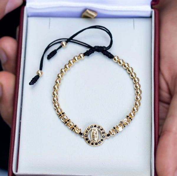 Pulsera De Caballero De Balines Lisos, Italianos Y Rondeles de 4mm Con Herraje De La Virgen de Guadalupe