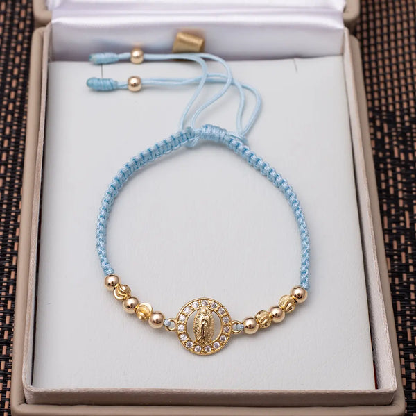 Pulsera De Dama De Tejido Macramé Con Balines Lisos e Italianos De 4mm y Herraje De La Virgen De Guadalupe