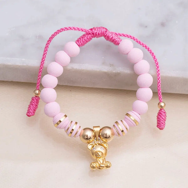 Pulsera De Dama De Terlenca Rosa Con Balines Y Neoprenos De 6mm y Dije De Oso
