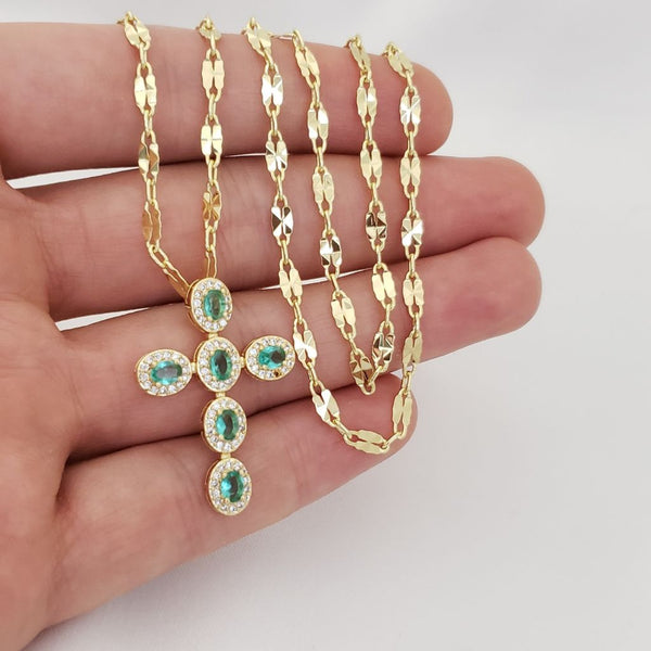 Cadena De Dama De Tejido Crispeta de 50cm-2mm De Grosor + Dije de Cruz Verde