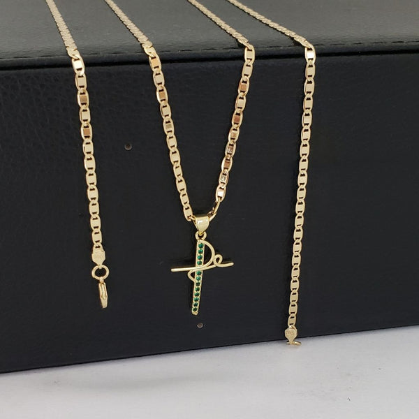 Cadena de Dama De Tejido Escalera de 2mm De Grosor + Dije de Cruz 'Fe' Verde