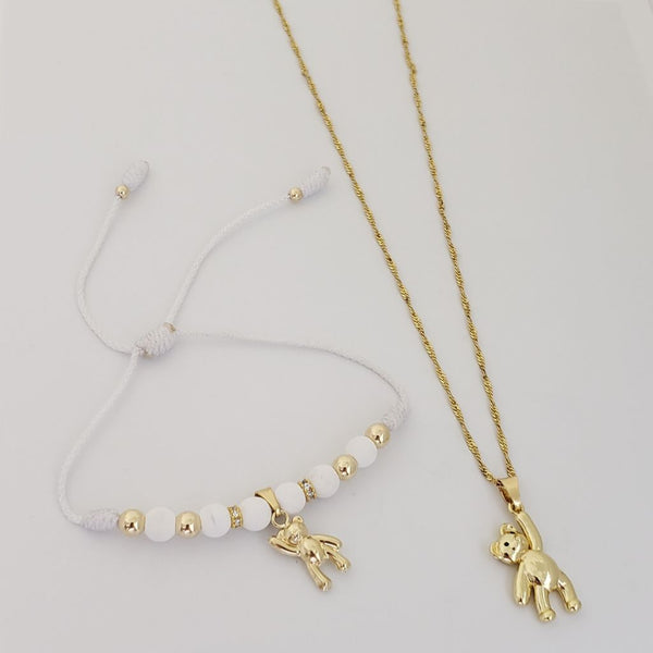 Cadena De Dama De Cadena De Tejido Singapur de 50cm-1mm De Grosor + Dije de Oso + Manilla de Dije de Oso