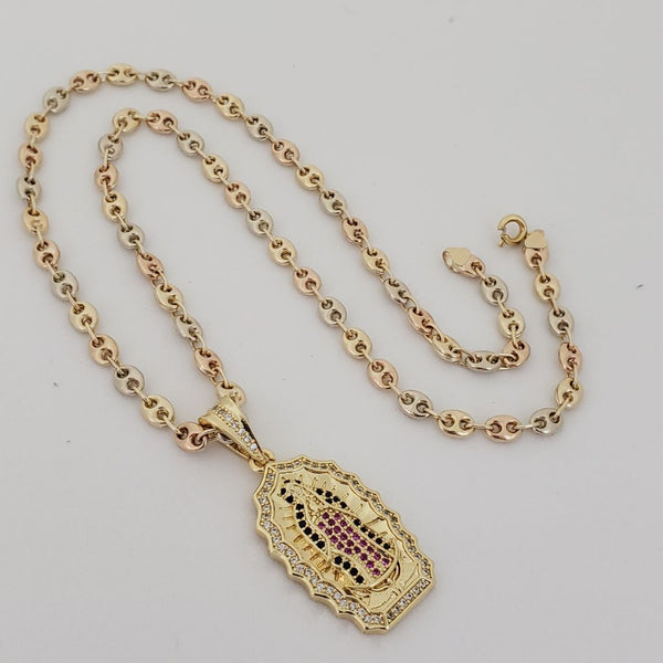 Cadena De Dama De Tejido Gucci Tres Oros De 50cm + Dije De La Virgen de Guadalupe