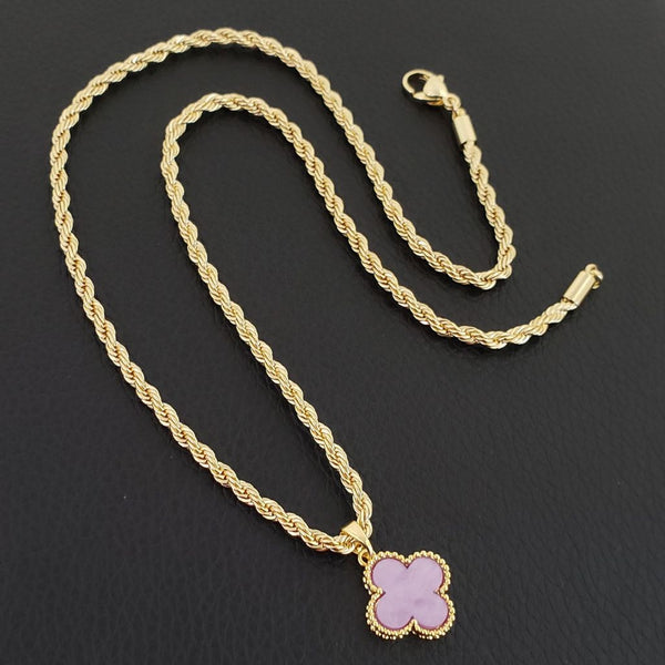 Cadena De Dama De Tejido Lazo de 50cm-3mm De Grosor + Dije de Trébol Morado