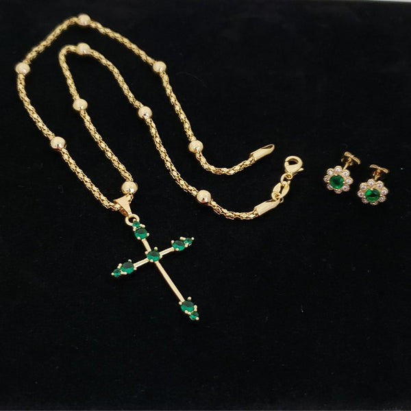 Conjunto de Cadena De Dama De Tejido Serpiente Con Balines de 5mm De Grosor +Dije de Cruz De Cristales Verde + Topos Flor Esmeralda