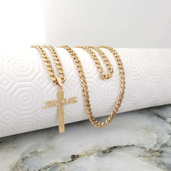 Cadena De Caballero De Tejido Cubana De 60cm-4mm De Grosor + Dije De Cruz JESUS+ Envío Gratis