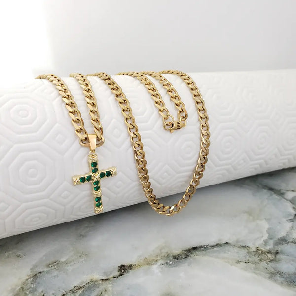 Cadena De Caballero De Tejido Cubana De 60cm-4mm De Grosor + Dije De Cruz De Cristales Esmeralda + Envío Gratis