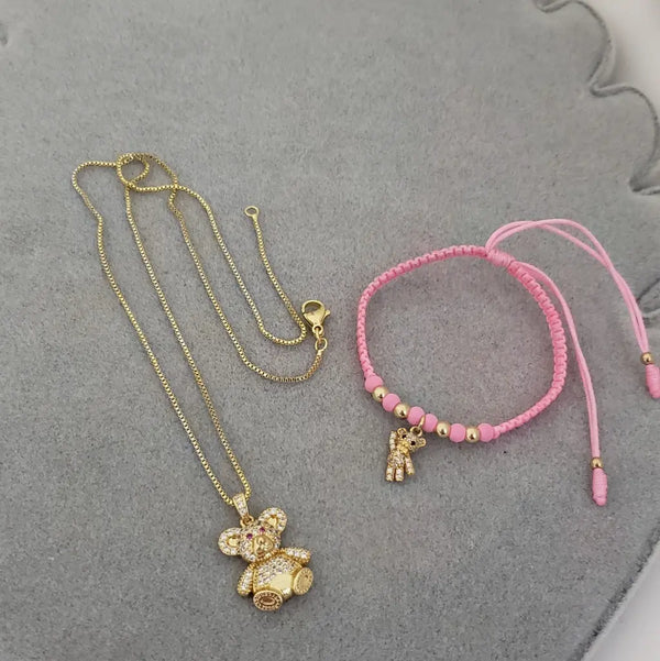 Conjunto De Niñas De Osos + Cadena De Tejido Veneciano + Dije + Manilla Con Dije De Oso. (Cadena De 40cm-1mm De Grosor)