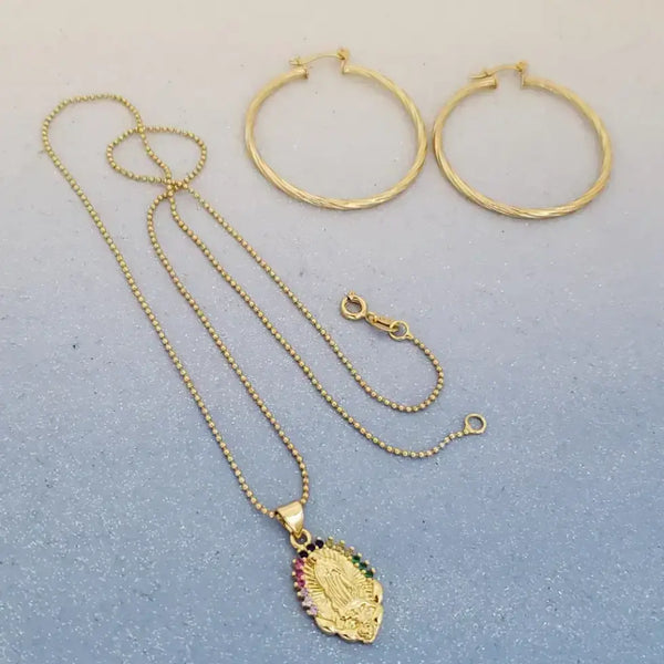 Juego de Cadena De Dama de Tejido Militar de 50cm-1mm De Grosor + Dije De La Virgen de Guadalupe + Candongas