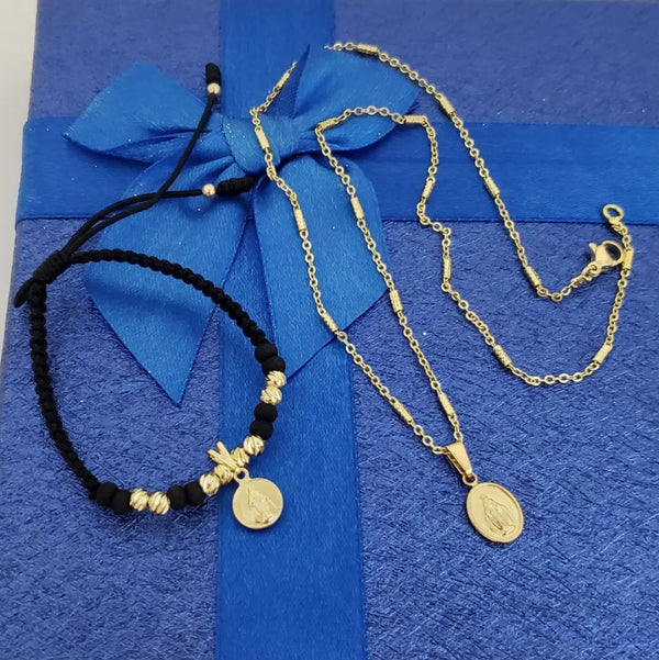 Conjunto De Niños De La Virgen Milagrosa + Cadena De Tejido Aros Con Cilindros + Dije + Manilla Con Dije De La Virgen De Guadalupe. (Cadena De 40cm-1mm De Grosor)