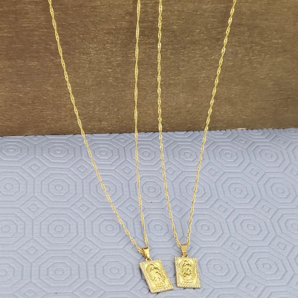 Cadenas De Parejas De Tejido Singapur + Dijes De La Virgen de Guadalupe. (Cadena De Dama De 40cm-1mm De Grosor, Cadena De Caballero De 50cm-1mm De Grosor)