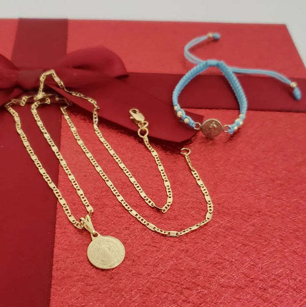 Conjunto De Niños De San Benito + Cadena De Tejido Escalera + Dije + Manilla Con Herraje De San Benito. (Cadena De 40cm-1mm De Grosor)
