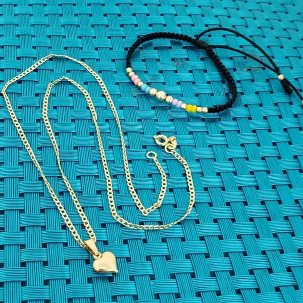 Conjunto De Niños De Cadena De Tejido Cubana + Dije  De Corazón + Manilla. (Cadena De 40cm-2mm De Grosor)
