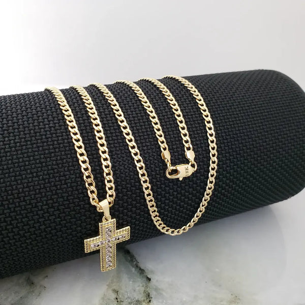 Cadena De Caballero De Tejido Cubana De 60cm-3mm De Grosor + Dije de Cruz Cristal