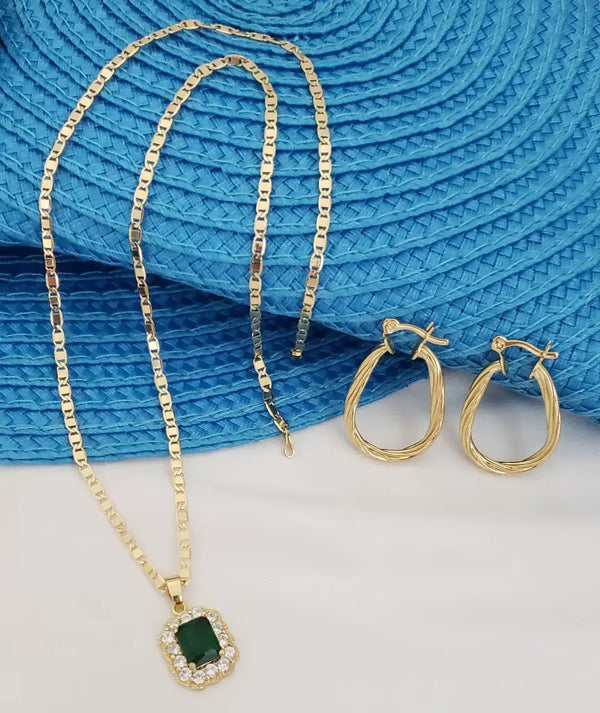 Conjunto De Dama De Cadena De Tejido Escalera De 50cm-3mm De Grosor + Dije De Piedra Esmeralda Y Cristales + Candongas De 32mm + Envío Gratis