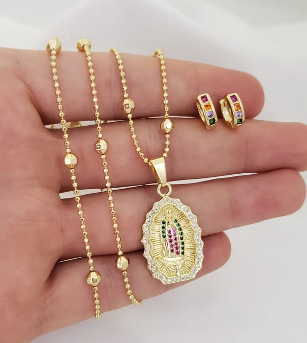 Conjunto De Dama Con Cadena De Tejido Militar Con Balines De 50cm-3mm De Grosor + Dije De La Virgen De Guadalupe + Candongas De 9mm + Envío Gratis
