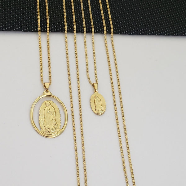 Cadenas De Parejas De Tejido Caracol + Dijes De La Virgen De Guadalupe. (Cadena De Dama De 40cm-1mm De Grosor, Cadena De Caballero De 50cm-1mm De Grosor)