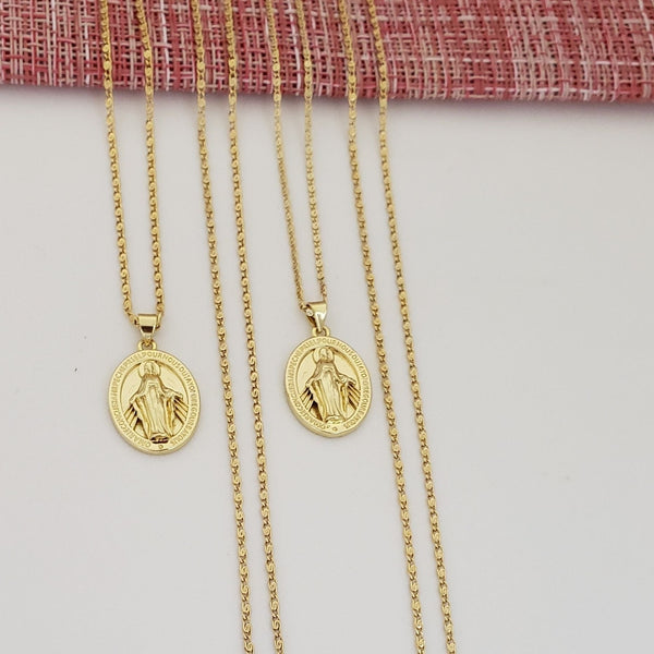 Cadenas De Parejas De Tejido Caracol + Dijes De La Virgen Milagrosa. (Cadena De Dama De 40cm-1mm De Grosor, Cadena De Caballero De 50cm-1mm De Grosor)
