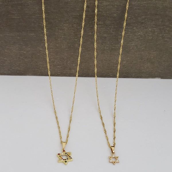 Cadenas De Parejas De Tejido Singapur + Dijes De La Estrella De David. (Cadena De Dama De 40cm-1mm De Grosor, Cadena De Caballero De 50cm-1mm De Grosor)